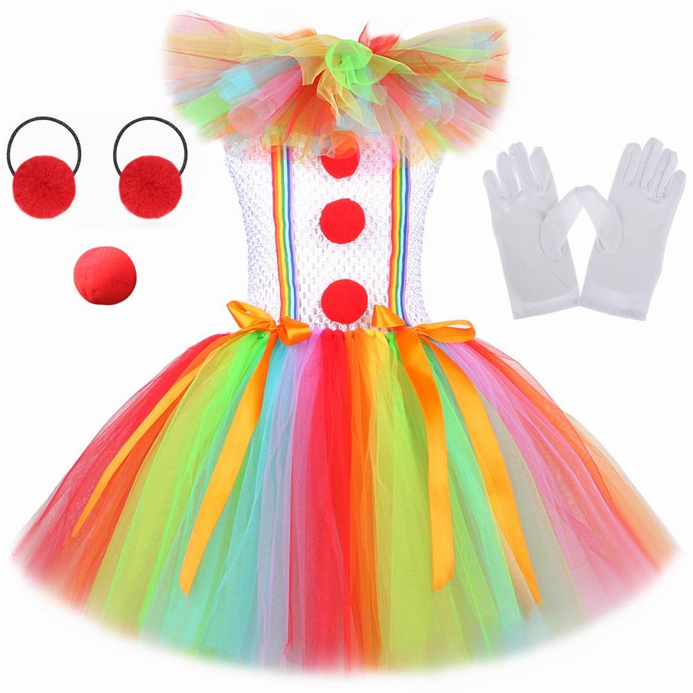 Regenbogen Lustiges Zirkusclown-Kostüm für Mädchen Halloween Karneval Party Dress Up Fancy Joker Cosplay Tüll Tutu Kleid Kinderkleidung M (3-4 Years) bunt