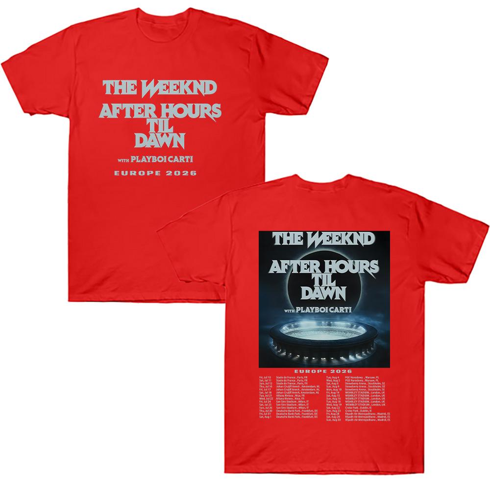 TheWeeknd After Hours Til Dawn Europa 2026 T-Shirts Grafik T-Shirts Damen Herren Hip Hop T-Shirt Trendiger Stil Kleidung Baumwoll-T-Shirts M rot