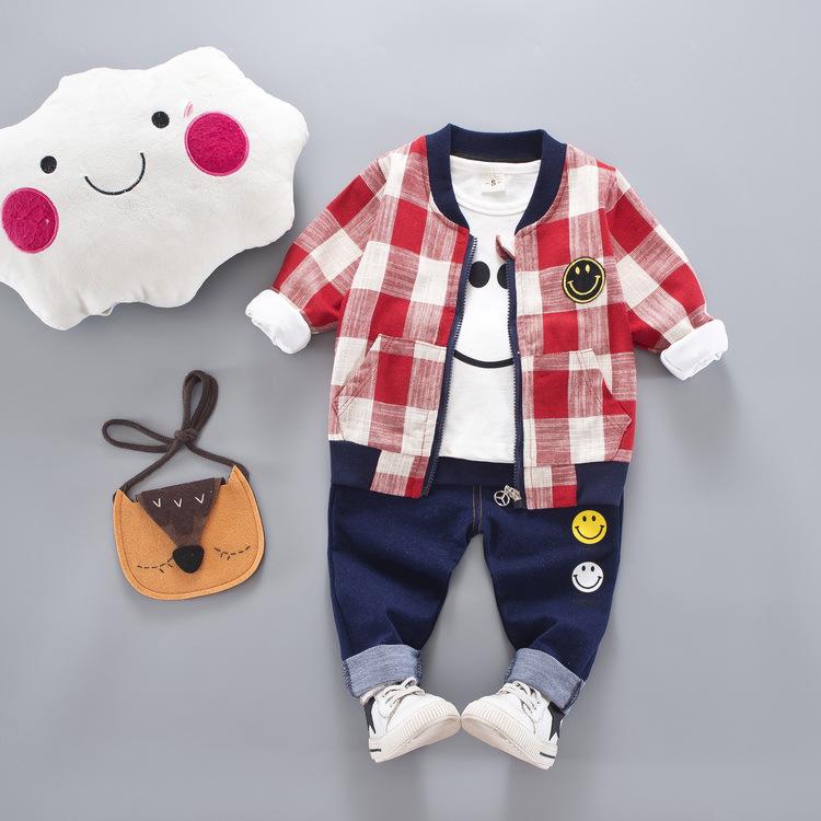 Baby Jungen Frühling Herbst Print Set Junge Hübsche Kleidung Dreiteilige Kinderkleidung Mode Oberbekleidung 110cm kariert rot