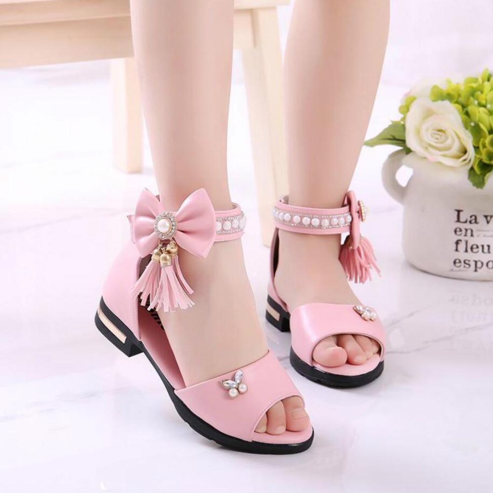 Kinder Bogen Sandalen Kinder Mädchen Sommer Süße Sandalen Strand Prinzessin Mode High Heels Quaste Schule Schuhe 29.0 rosa