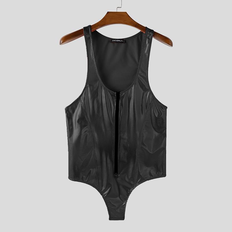 INCERUN Herren U-Ausschnitt Ärmellos Glitzer Slim Reißverschluss Tanktops Jumpsuits Bodys 4XL schwarz