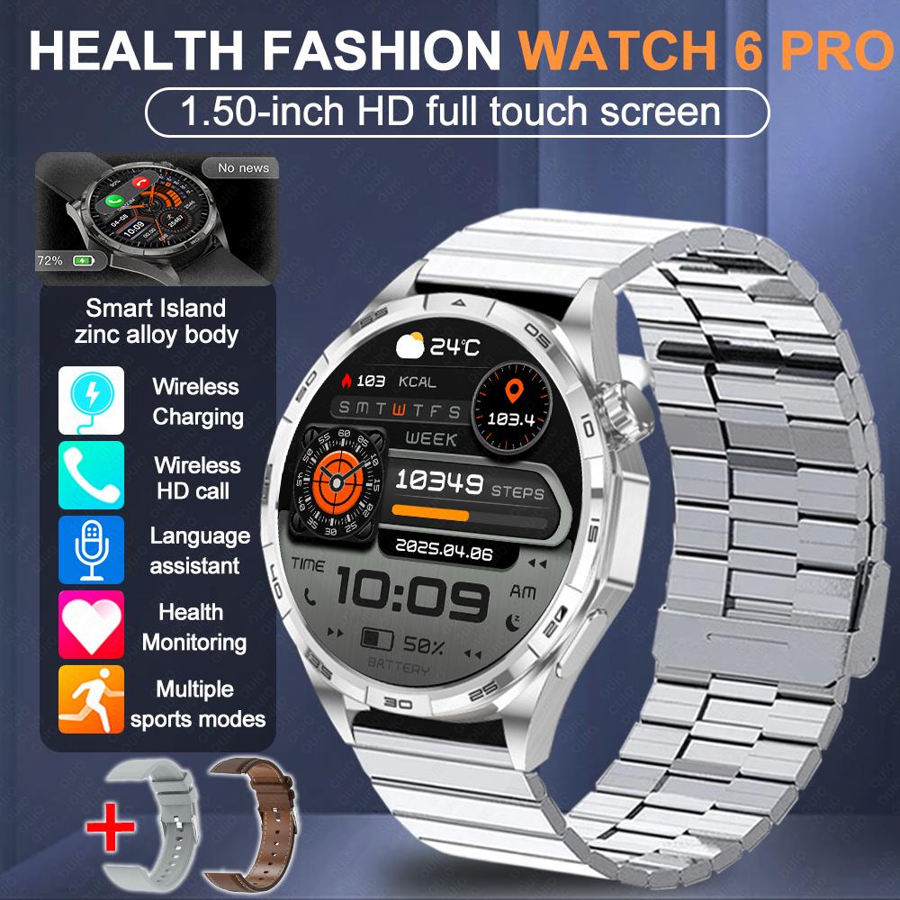 2026 Neue Uhr 6 Pro Outdoor-Sport Smartwatch Herren 1,50” HD-Bildschirm GPS-Streckenverfolgung Höhenmesser Druck Herzfrequenz Smartwatch Silver Bamboo steel+Silicone +Leather