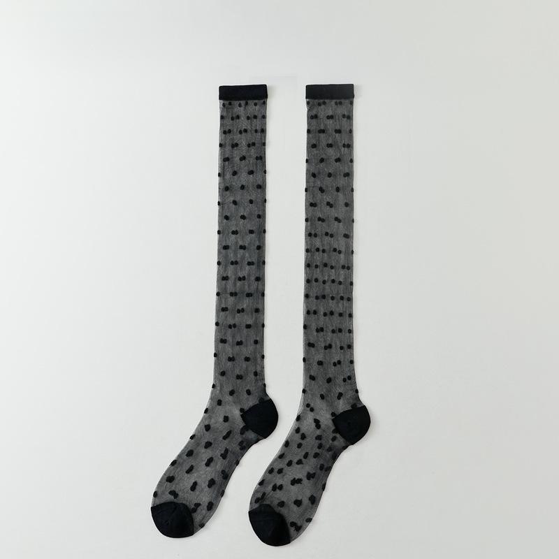 Kristallseidensocken Damen Strümpfe Sommer Ultradünn Transparent Kniestrümpfe Polka Dot JK Mädchen Schwarz Weiß Lange Socken Strümpfe One Size schwarz