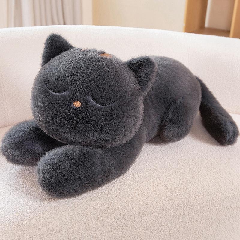 Riesiges Süßes Schwarz/Graues Liegendes Katzen Plüschtier Weiche Simulierte Katzen Plüschtiere Kissen Stofftier Schönes Geburtstagsgeschenk 60cm