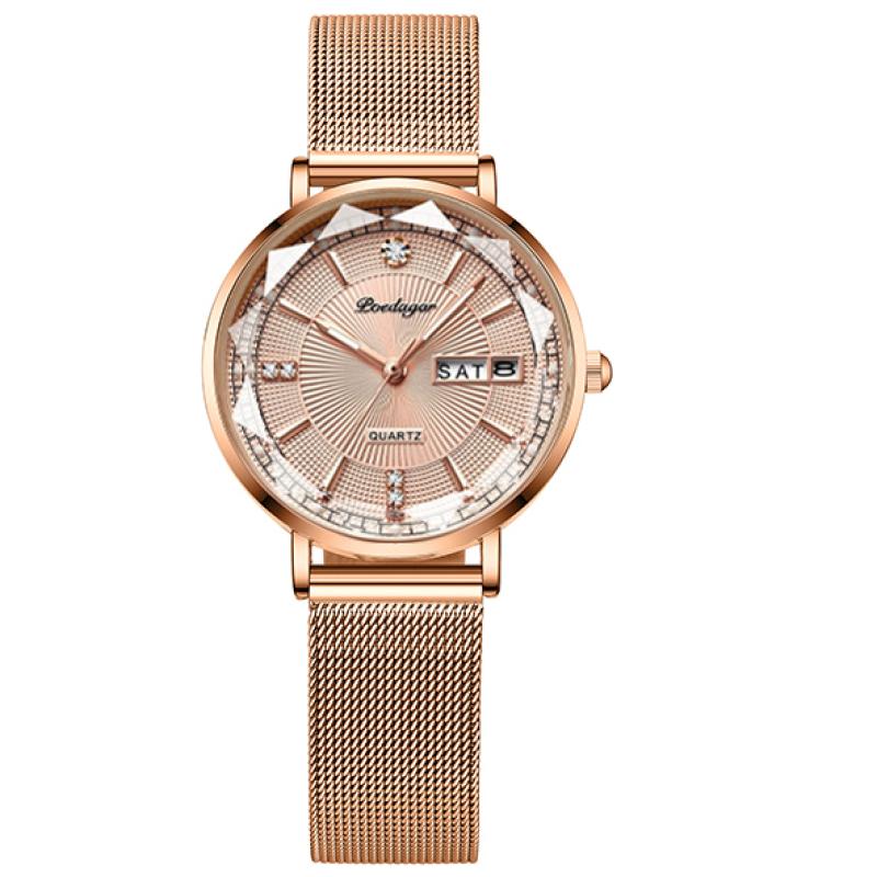 Diamant-Damenuhr, Edelstahl, wasserdicht, Stereo-Spiegel, Quarzuhr, Roségold, Datum, Woche, ultradünne Damenuhr, leuchtend rose gold
