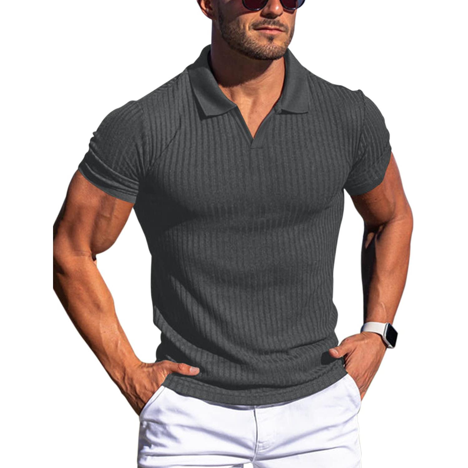 Herren-Poloshirts mit V-Ausschnitt und Muscle-Car-Design, Slim Fit, kurzärmlige Golf-T-Shirts, weiche Rippstrick-T-Shirts, Sommerpullover mit Kragen für Männer, atmungsaktive T-Shirts M dunkelgraue