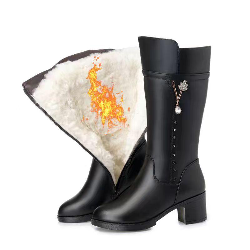 Frauen Winter Stiefel Aus Echtem Leder Weibliche Stiefel Warme mit hohen absätzen Wolle Stiefel Frauen Stiefel Frauen 35 schwarz