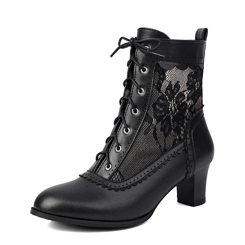 Mode Damen Viktorianische Stiefeletten Leder Schnürung Aushöhlen Mesh Absatz Schuhe für Damen Mode Schnürung Gespleißt Damen High Heels Damenstiefel 40 schwarz