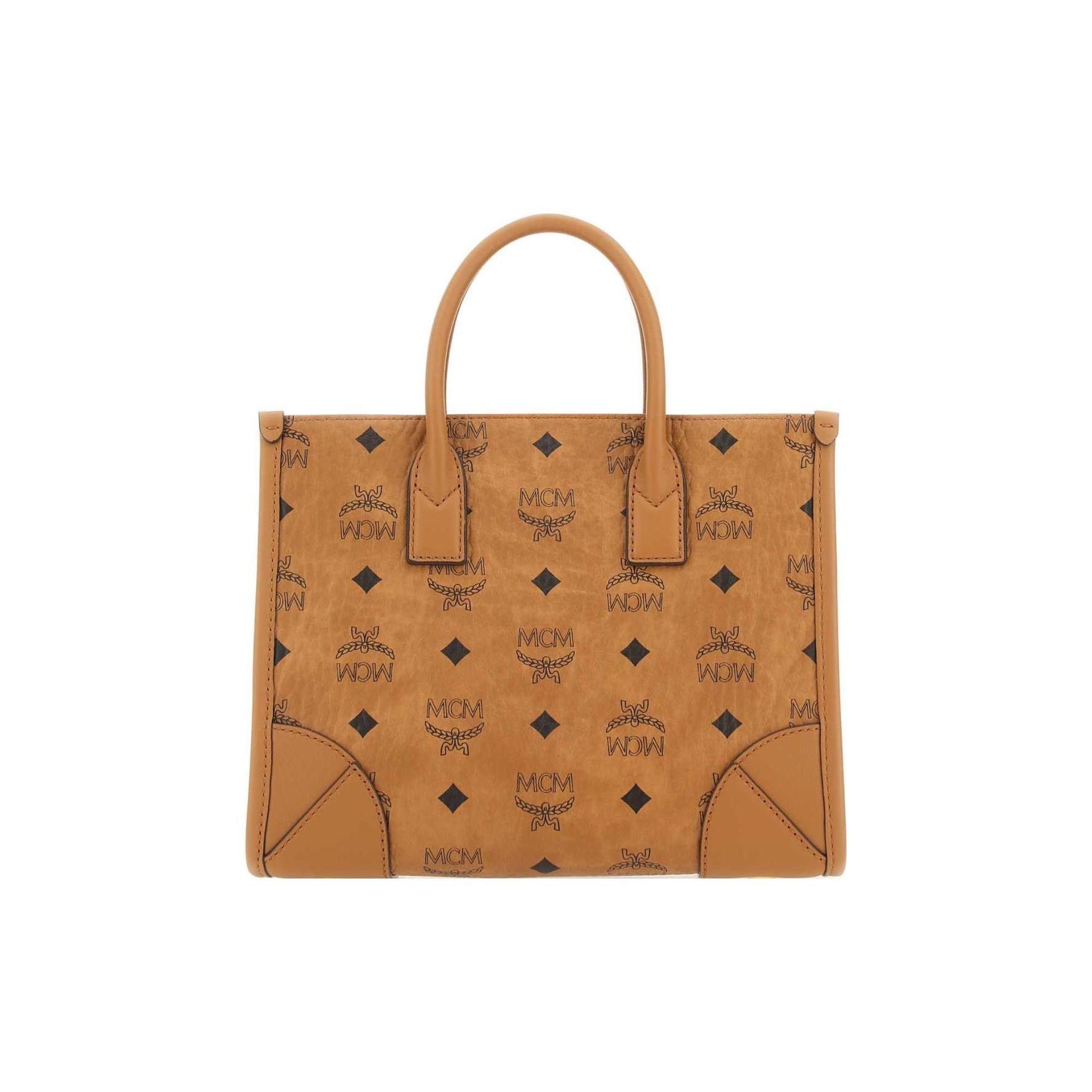 MCM Monogramm Print Tragetasche Einkaufstasche Schulter Crossbody Beschichtetes Canvas Mit Napa Lederbesatz Handtasche Klein Damen-Tote Braun Cognac MWTCABO07CO001 Basic Set (Bag+Dust Bag)
