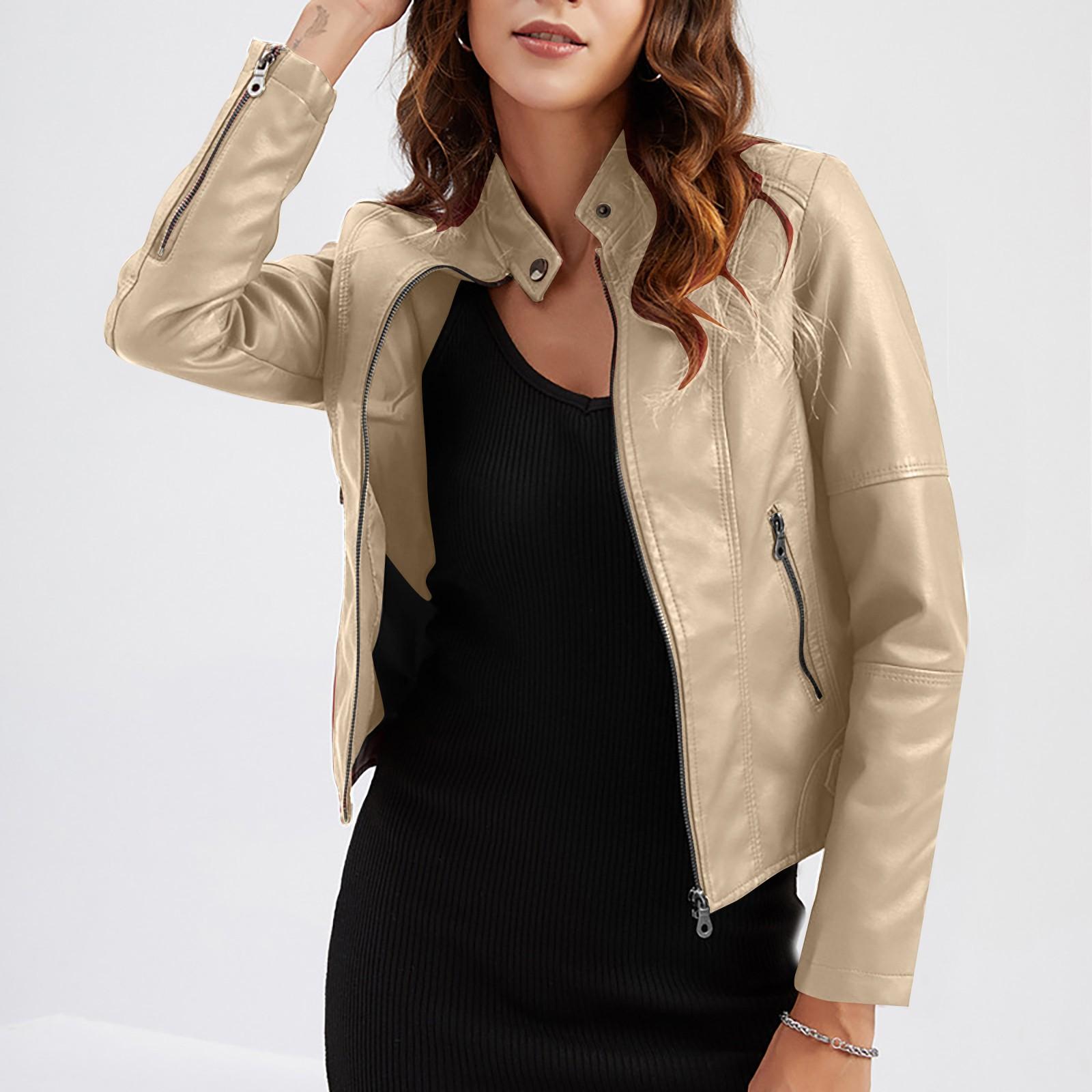 Damen Slim Fit Jacke Damen Motorradbekleidung, Stehkragen Lederjacke M khaki