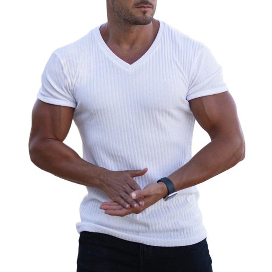 Yousheng Herren V-Ausschnitt Kurzarm T-Shirt Fitness Slim Fit Sport Streifen Uni Farbe Tee Tops Atmungsaktiv Fitnessstudio Kleidung für Sport Reisen Büro XL weiß
