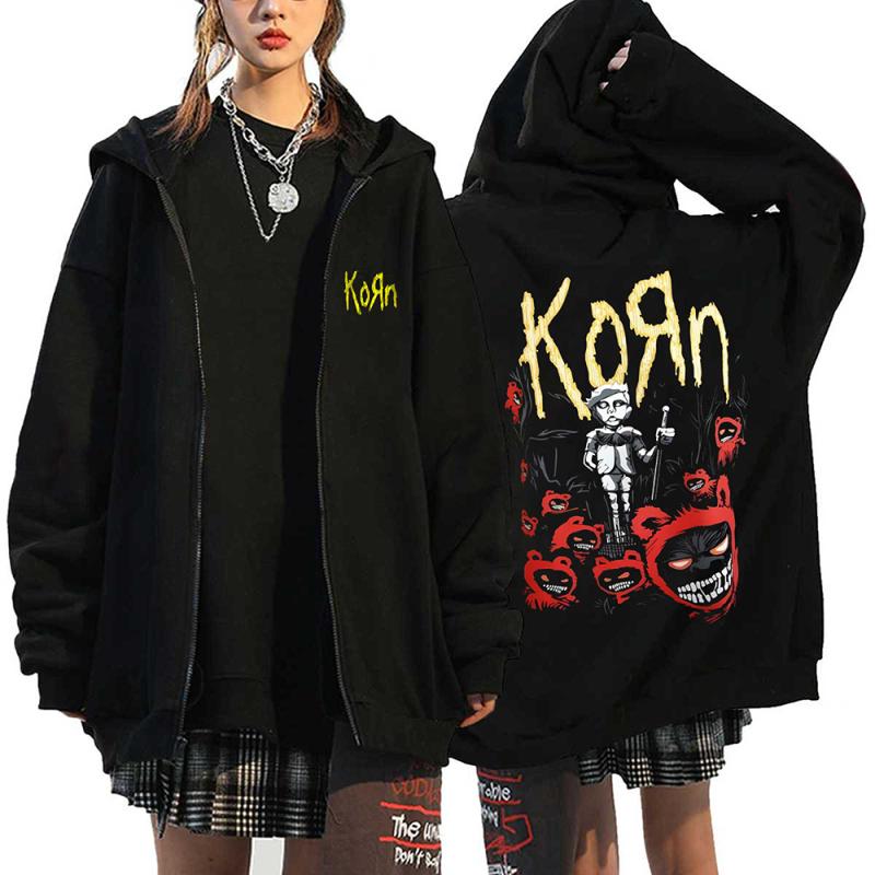 Korn Rock Band Print Zipper Hoodies Metal Musik Herren Zip Up Jacken Hip Hop Streetwear Sweatshirts Unisex Y2K Cardigan Mäntel M