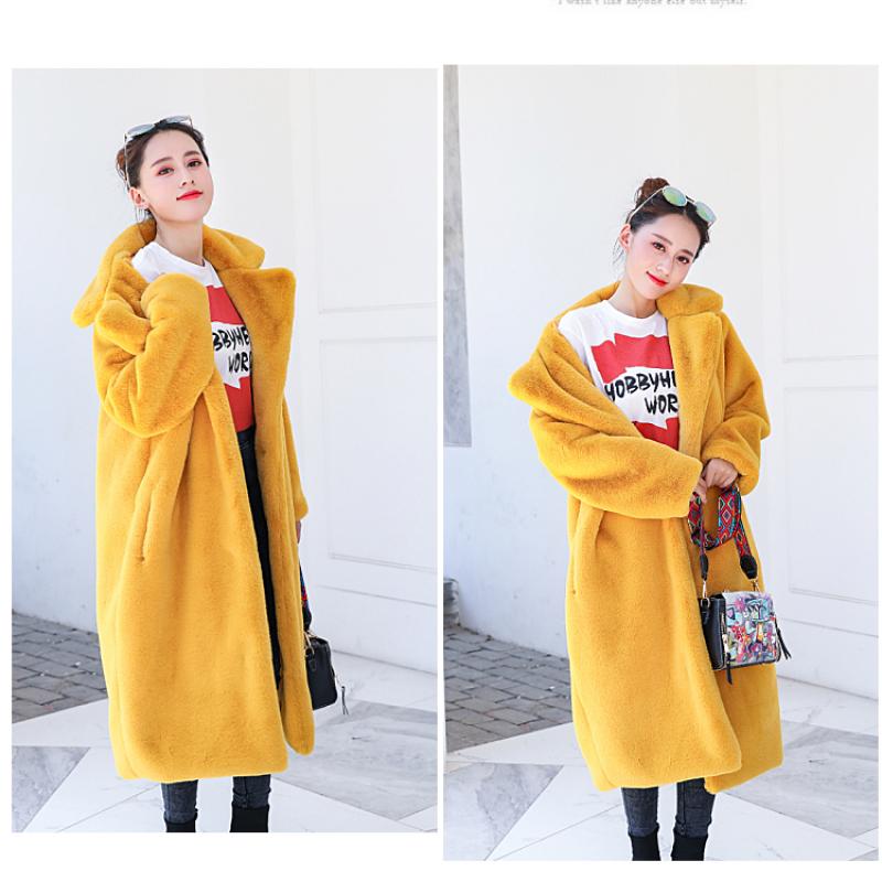 Frauen Winter Warm Faux Pelzmantel Dicke Frauen Langen Mantel Drehen Unten Kragen Frauen Warme Mantel Mit Gürtel Casaco feminino S gelb