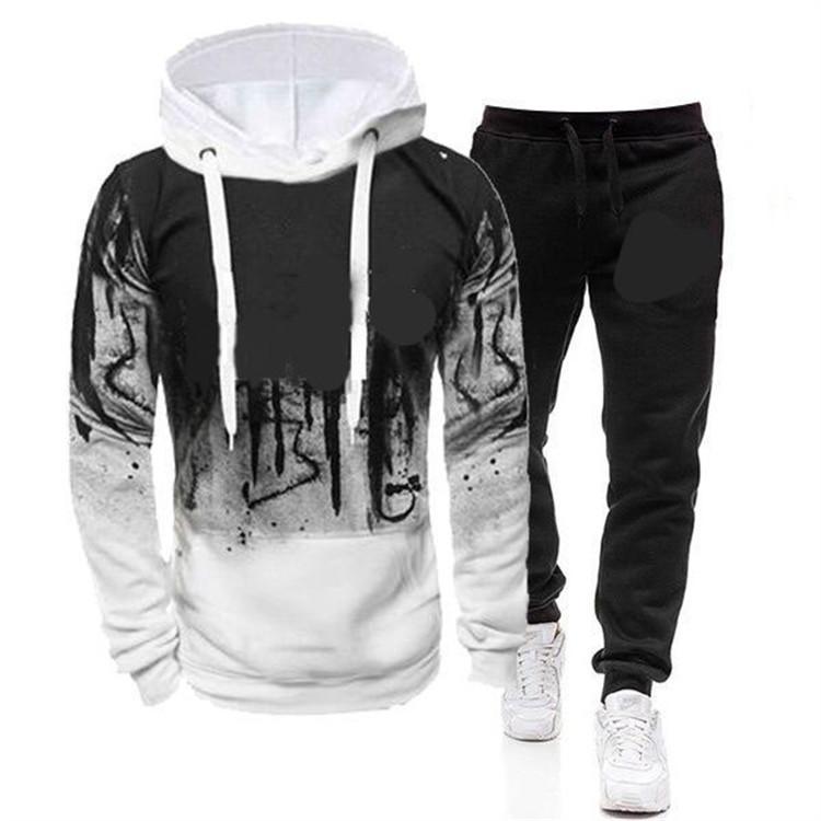 Herbst Winter Herren-Trainingsanzug mit Kapuze und Jogginghose, 2-teiliges Set, modisch, lässig, Streetwear, männlicher Jogginganzug M weiß