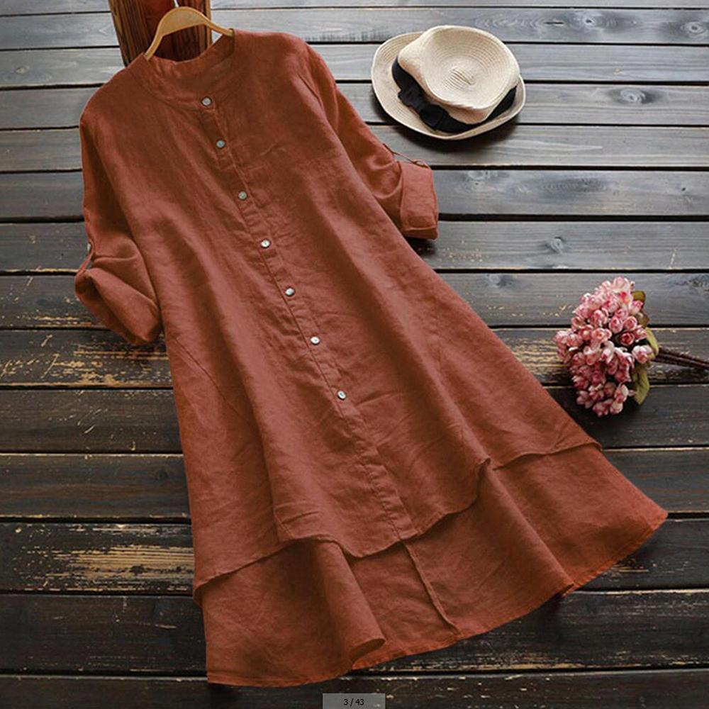 Damen Frühling Uni Baumwolle Leinen Hemdkleid Damen Lockeres Hemd Lange Oberteile Bluse Übergröße Kleidung Kleidung M orange