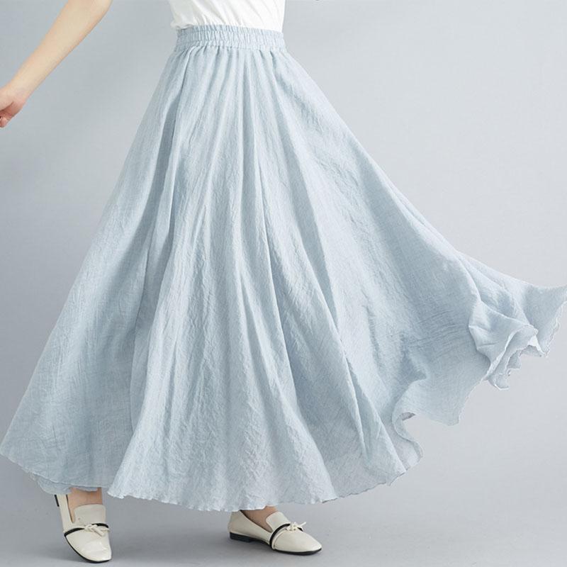Sommer Herbst Damen Rock Literarisch Große Baumwolle Leinen Halbrock Elastische Taille Leinen A-Linie Rock Langer Abschnitt Reine Farbe Wind Swing Rock M licht grau