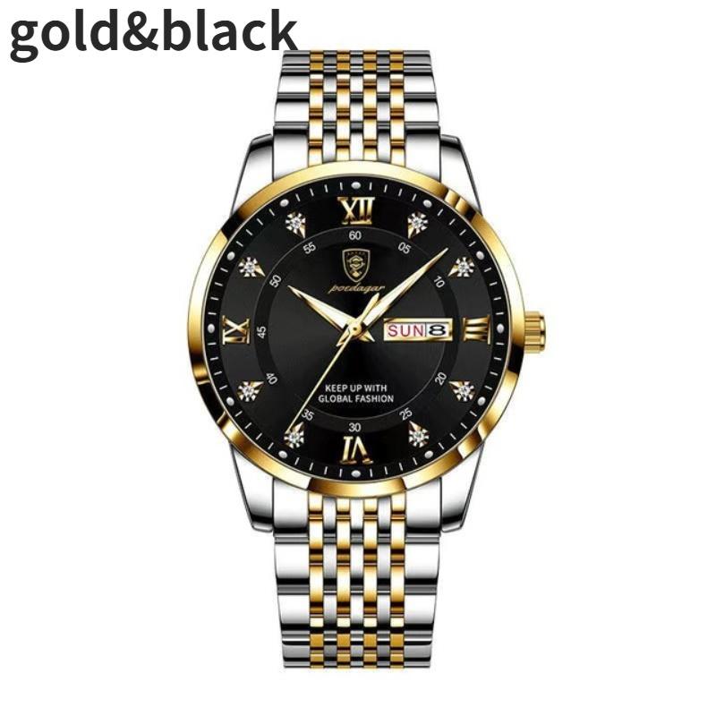 Neue Casual Herrenuhren Edelstahlband Armbanduhr Großes Zifferblatt Quarzuhr mit leuchtender wasserdichter Uhr Business Chronograph schwarz/gold
