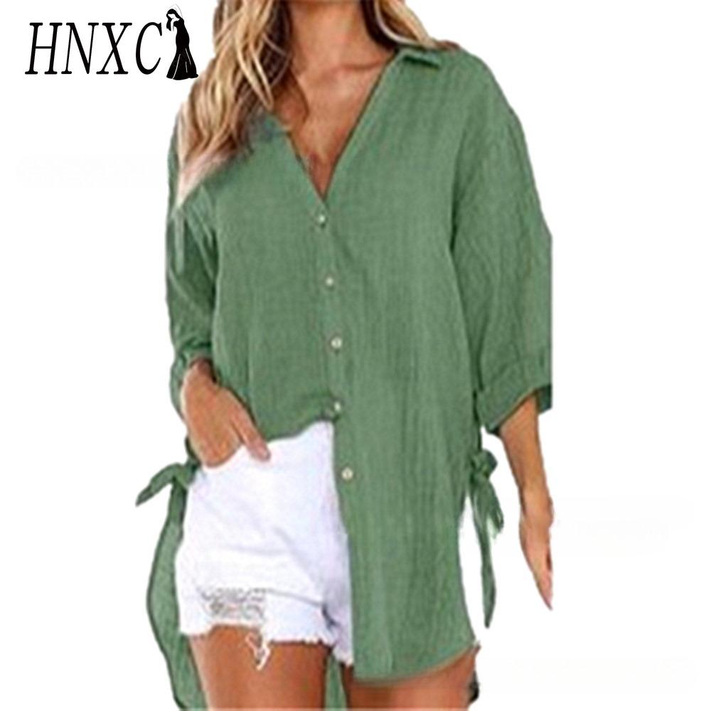 HNXC Damenmode Lässig Einfarbig Druck Langarm POLO Kragen Blusen & Hemden XXXXXL grün