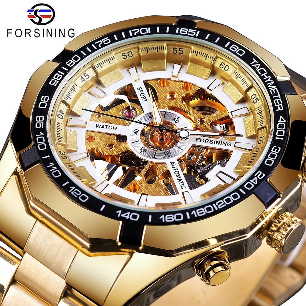 Forsining Edelstahl Wasserdicht Herren Skeleton Uhren Top Marke Luxus Transparente Mechanische Sport Männliche Armbanduhren gold/weiß