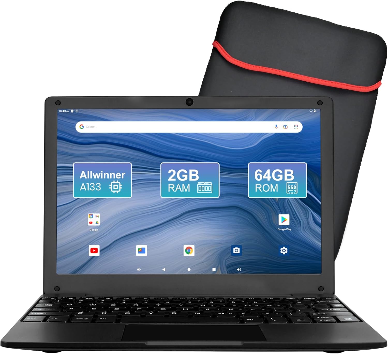 10,1-Zoll-Laptop mit Quad-Core-Prozessor und Android 12, 2 GB RAM, 64 GB ROM, integrierter Kamera, WLAN, USB-Schnittstelle, Tpye-C-Aufladung für Lernen und Unterhaltung 10.1 inch schwarz