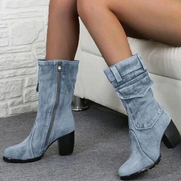 Frauen Denim Stiefel Seitlichem Reißverschluss Cowboy Stiefel Damen Chunky High Heel Mitte Wade Stiefel Weibliche Casual Herbst Winter Stiefel zapatos De Mujer 41 hellblaue