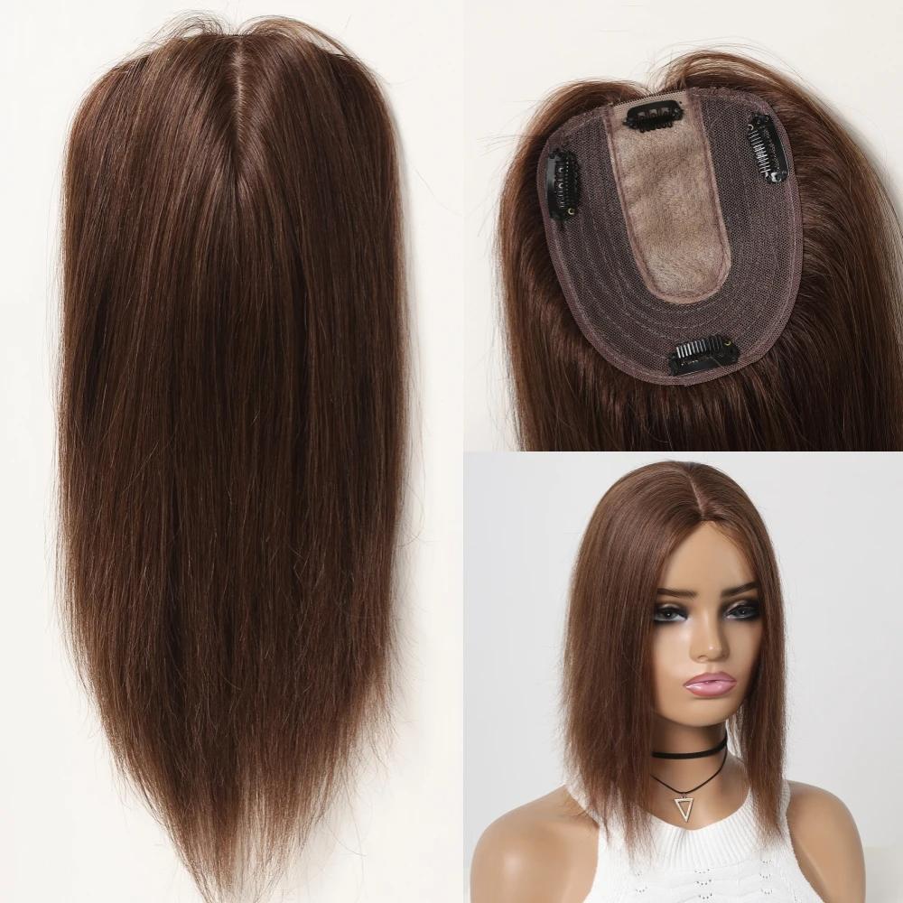 HAIRCUBE Remy-Echthaar-Topper Mittelteil Schwarzbraun Haarteile für Frauen mit dünner werdendem Haar Seidenbasis Clip-in-Haarverlängerung 12 Zoll