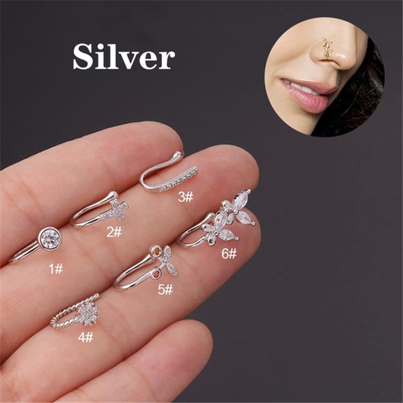 1 Stück Schmetterling, nicht durchbohrt, ohne Loch, Nasenring, Clip auf Nasenring, Fake-Piercings, Ohrstulpe, Tragus-Ohrringe, Knorpel 6 silber