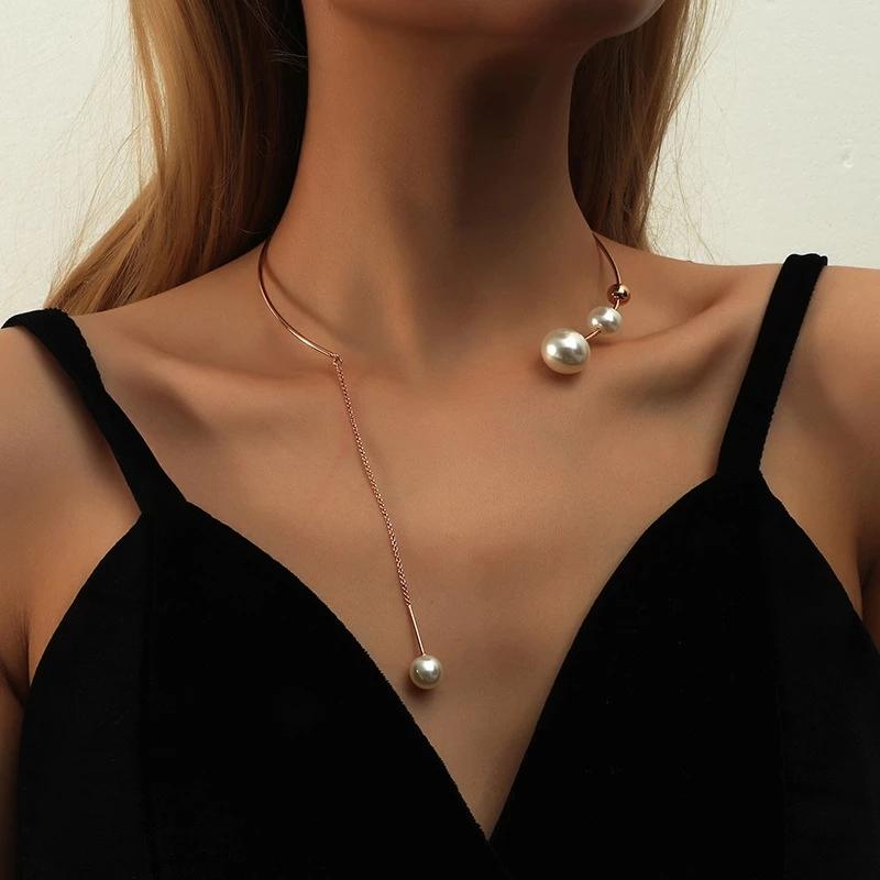 Elegante große weiße Imitationsperlen-Halskette, Schlüsselbeinkette, modische Halskette für Frauen, Hochzeit, Schmuck, Kragen brown