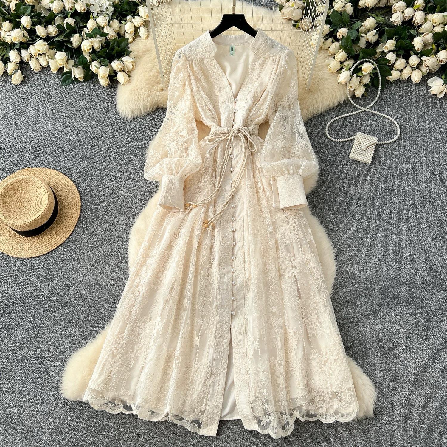 Frankreich Vintage Stickerei Formelle Kleider Damen Sommer Herbst Laterne Langarm Spitze Perle Abschlussball Abend Geburtstagsfeier Kleid XL beige