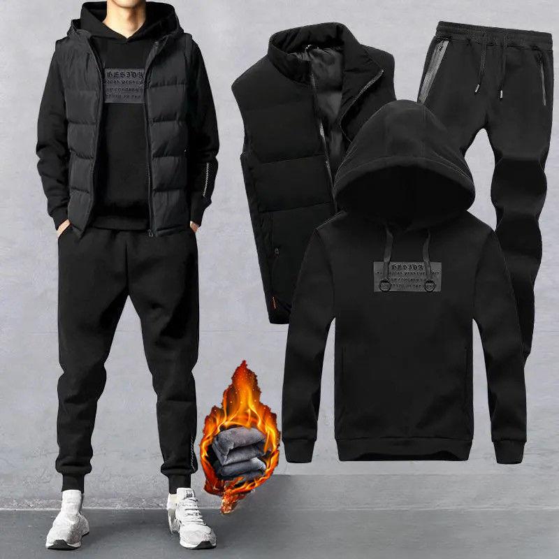 Herbst- und Frühjahrs-Sportanzug Herren Dreiteiliger Anzug Kapuzenpullover Plus Samt Kleidung Weste Jacke Hose Sportanzug Herrenanzug XL schwarz/grau