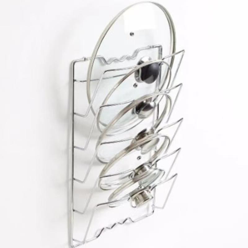 Küchen-Organizer-Regal, an der Wand hängender Topfdeckel-Regal, fünflagiger Topfdeckel, rostfreies Metall, multifunktionales Regal, Topfdeckel-Aufbewahrungsregal white