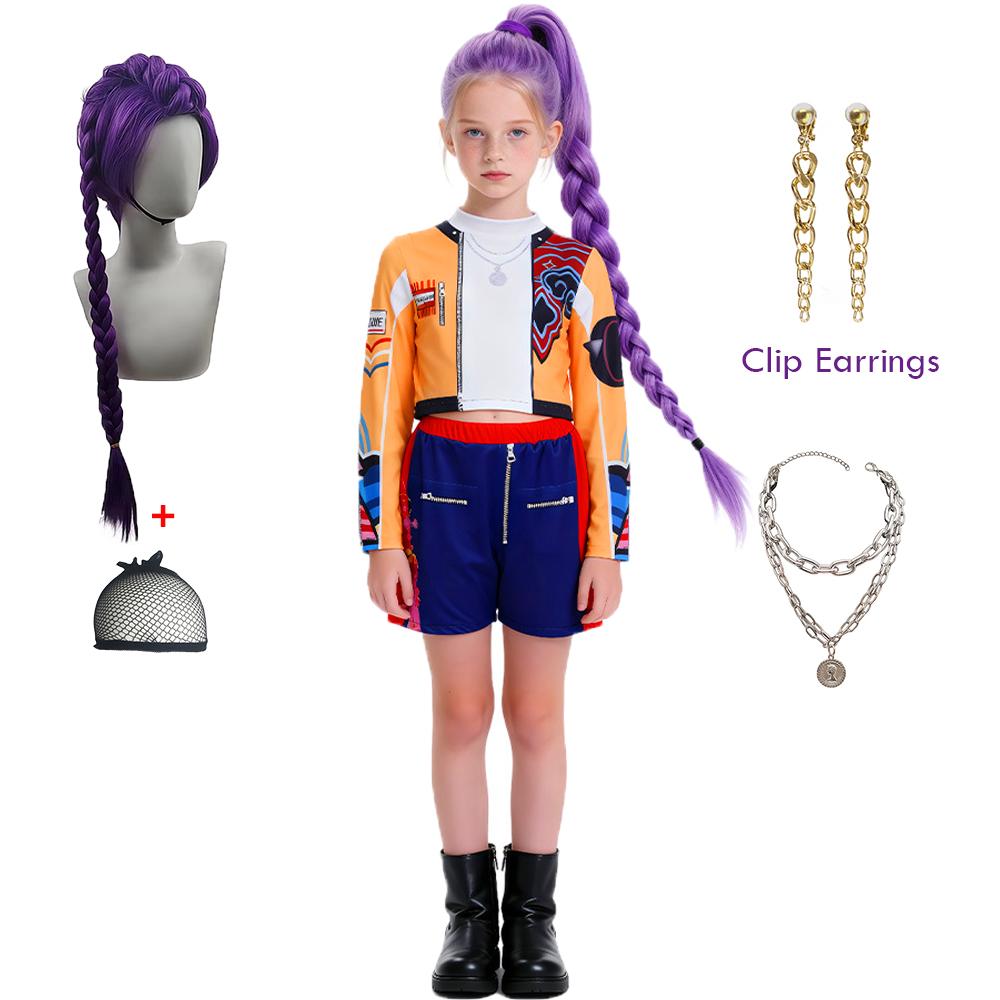 Kinder K-Pop Dämonenmädchen Jägerin Rumi Cosplay Kostüm Perücke Ohrringe Halloween Party Modekleidung Set Kostüm Rumi Requisite 120
