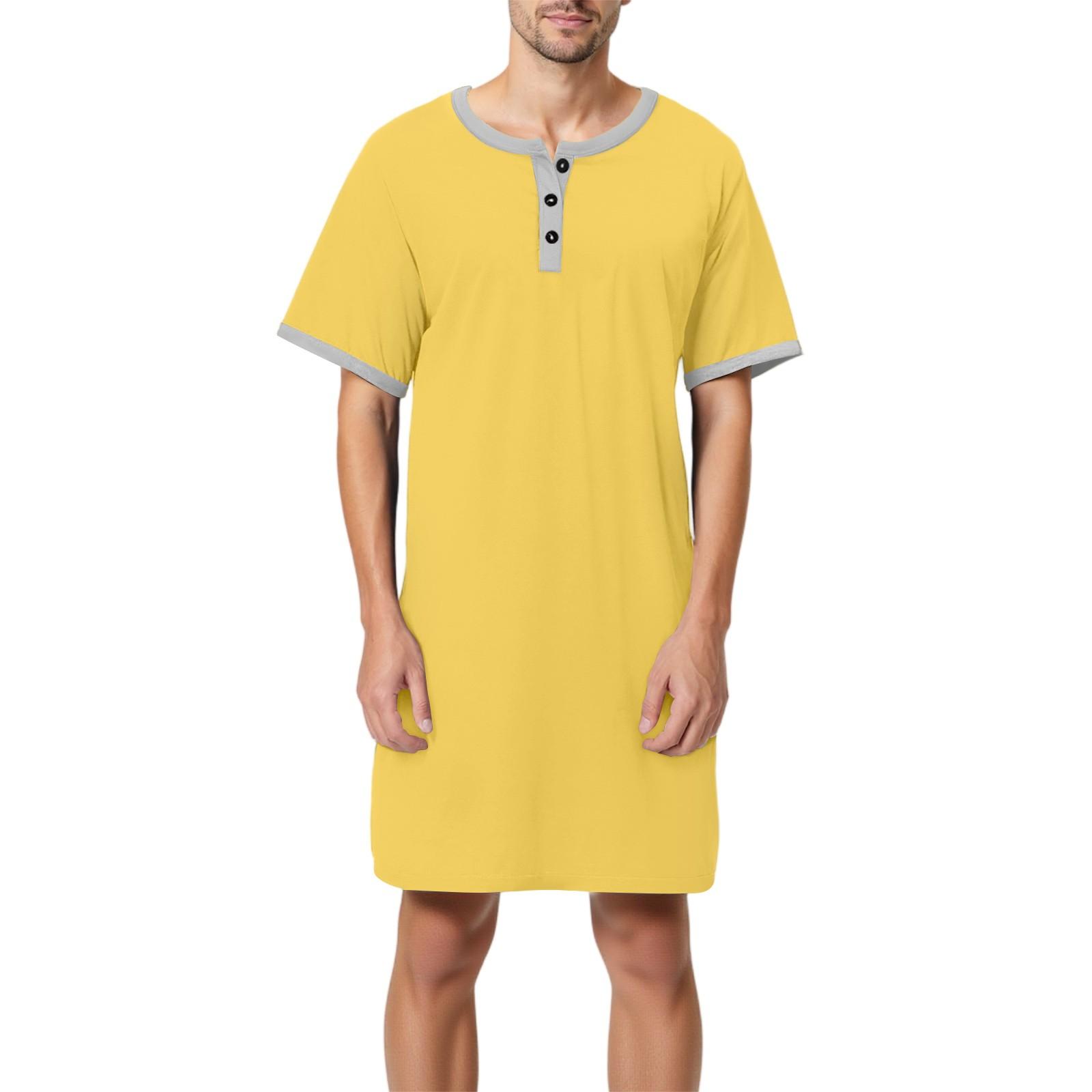 Herren Einfarbig Baumwolle Kurzarm Pyjama Button-Down Kragen Lange Lockere Pyjama Hauskleidung XL gold