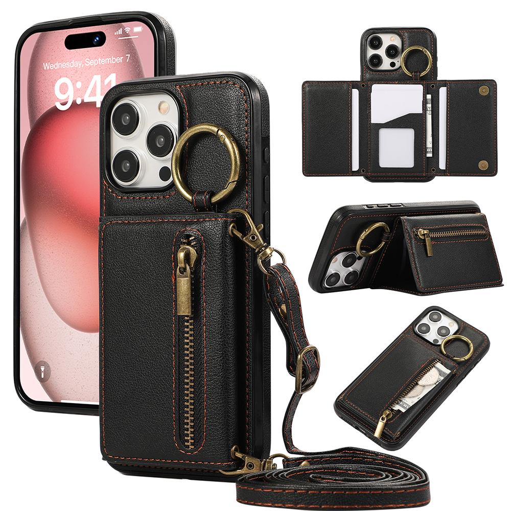 Crossbody Portemonnaie Ring Reißverschluss Ledertasche für iPhone 16 15 14 13 12 11 Pro Max XS MAX Samsung S25 S24 S23 S22 S21 Ultra Plus FE A16 A56 A15 A55 A54 iPhone 7Plus/8Plus schwarz