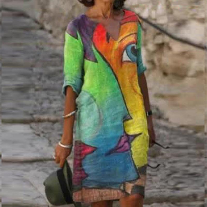 Frauen Casual Lose Kleid Halbe Hülse Cartoon Schönheit Gedruckt V-ausschnitt Kleid Elegante Knielangen Rock Plus Größe Kleid 8XL blau