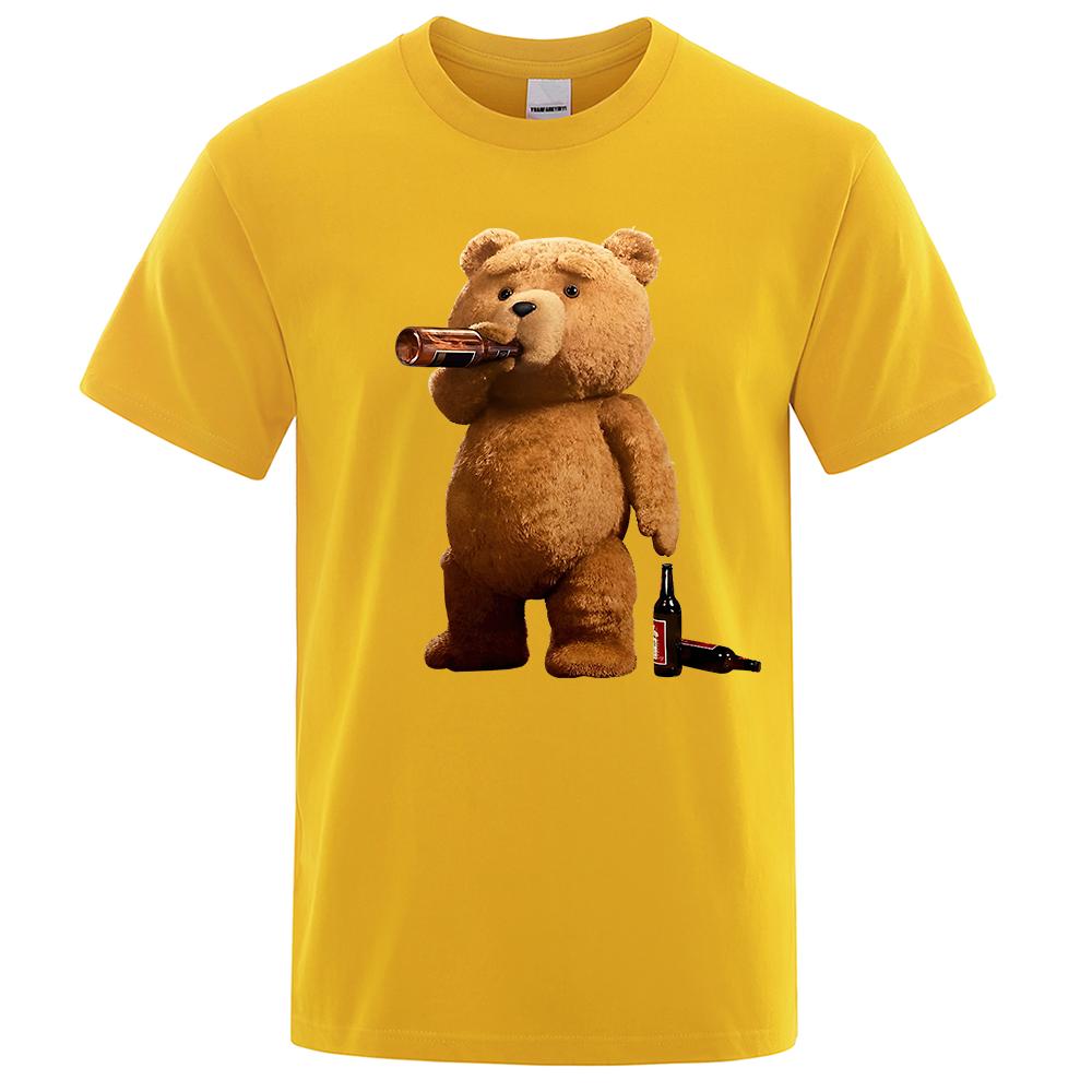Schöne Ted Bär Trinken Bier Poster Lustige Gedruckt T-Shirt Männer Mode Lässig Kurzen Ärmeln Lose Oversize T-stück Straße Hip hop Tops XL gelb