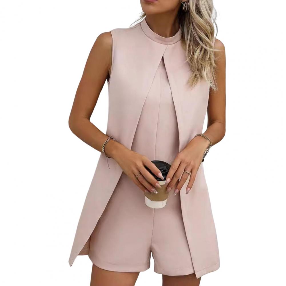Damen Sommer Strampler Stehkragen Ärmellos Locker Geteilt Unregelmäßig Einfarbig OL Pendeln Formeller Business Stil Kurzer Strampler S rosa