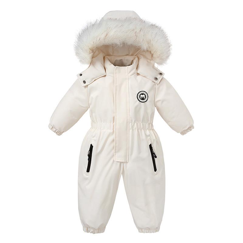 -30 Grad Winter Baby Skianzug Jumpsuit Oberbekleidung Anzüge für Kleinkinder Baby Skianzug Dicker Baby Jumpsuit Wasserdicht Mit Kapuze für Mädchen Jungen 120cm beige