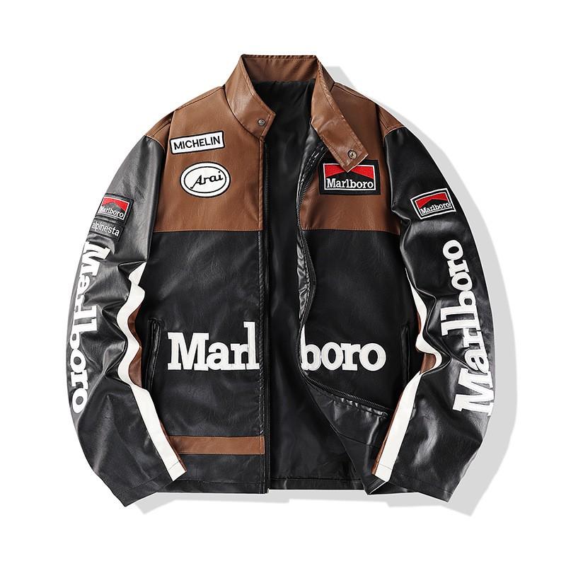 Motorrad-Rennjacke Herren Damen Leder Biker-Mantel Mit Stickerei Marlboro-Stil Sport-Reitbekleidung XL hell braune