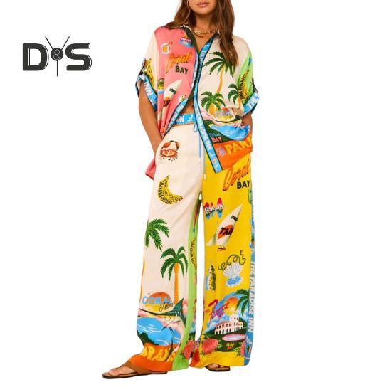2-teiliges Set mit Hemd und Hose im Hawaii-Urlaubsstil, farbenfroher Aufdruck, einreihiges Oberteil mit kurzen Ärmeln und Revers, hohe elastische Taille, Hose mit weitem Bein M gelb
