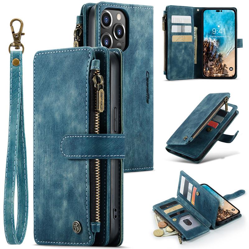 CaseMe Klapp-Leder-Handyhülle Für iPhone 17 Pro Max 16 Plus 15 14 13 12 11 XS XR X Samsung S26 S25 FE S24 Ultra S23 S22 S21 Reißverschluss-Geldbörse Kartenabdeckung iPhone 7 Plus/8 Plus blau