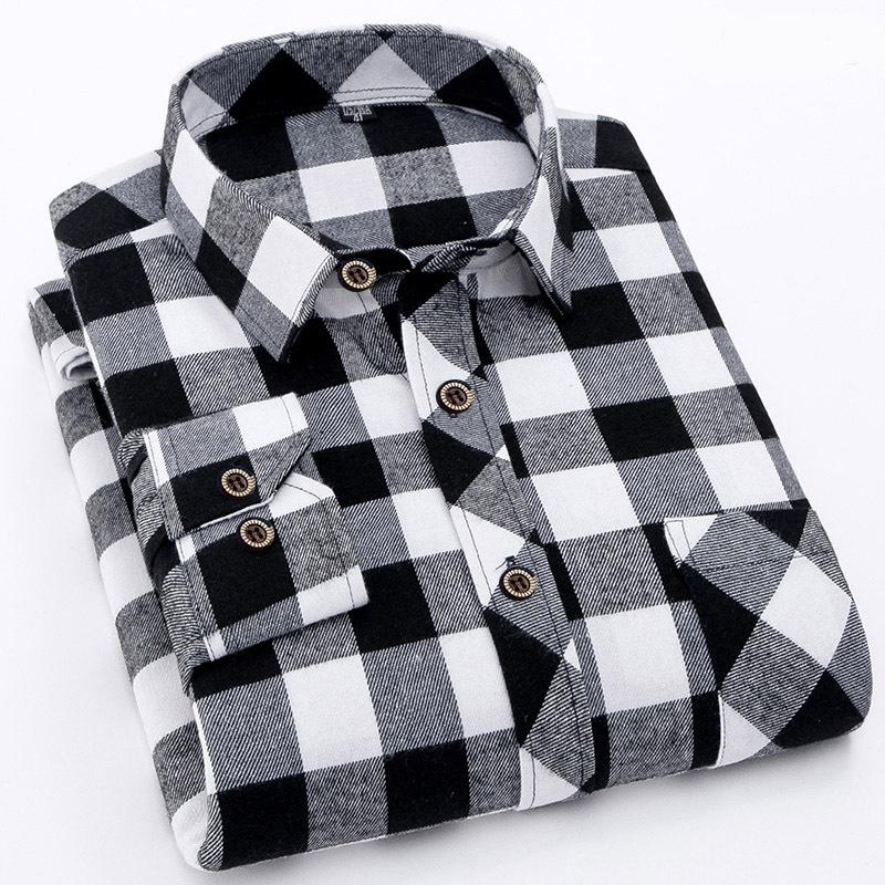 Männer Casual Shirts Langarm Chemise Homme Männlich Check Shirts Winter Baumwolle Top Mantel 3XL schwarz/weiß