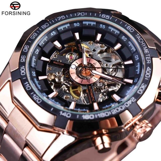 Forsining Edelstahl Wasserdicht Herren Skeleton Uhren Top Marke Luxus Transparente Mechanische Sport Männliche Armbanduhren rose gold