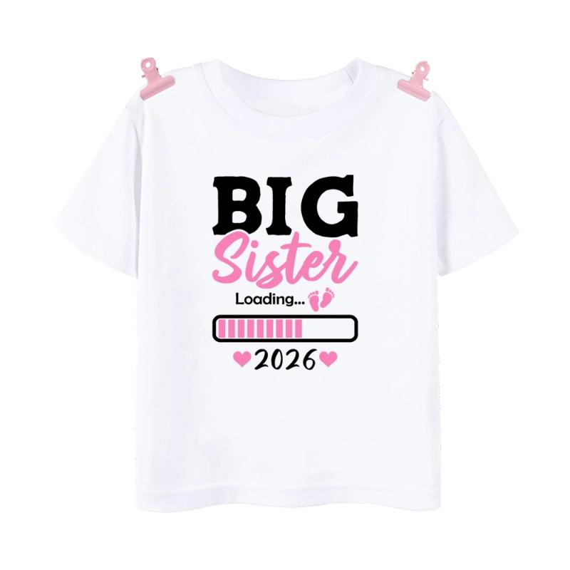 Große Schwester 2026 Teenager Kinder Kurzarm Tops T-Shirt Sommer Mädchen Lässig Locker Mode Rundhals Kinderbekleidung XS