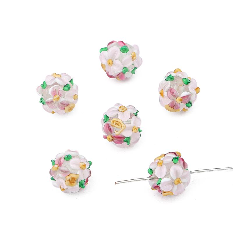 Ausgefallene handgefertigte runde Blumen-Blütenblatt-Perlen aus Glas, Lampwork-Perlen, passend für Charms, Armbänder, Halsketten, DIY-Schmuckherstellungszubehör rosa