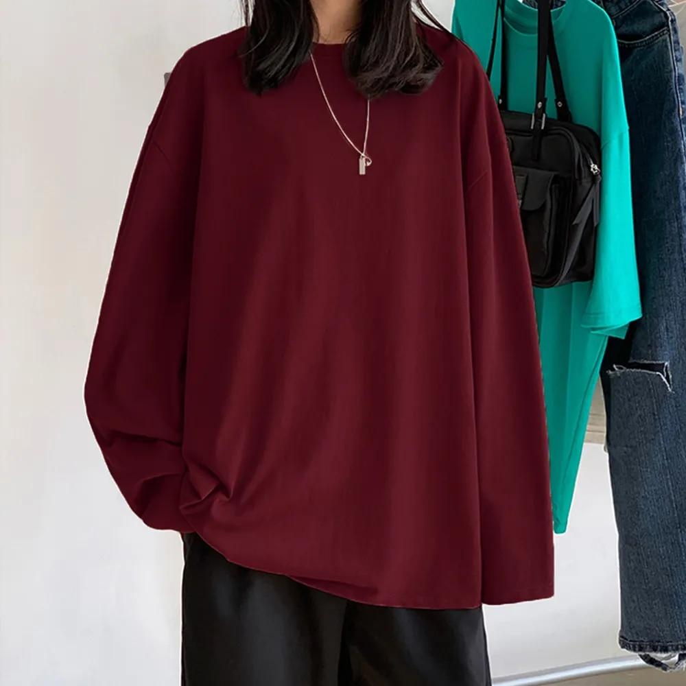 100% Baumwolle 20224 Frühjahr Neue Langarm T-Shirt Frauen Basic Tee Shirt Übergroßen T Shirt Frauen Casual Oansatz Frauen T-shirt UNS größe US L bordeaux