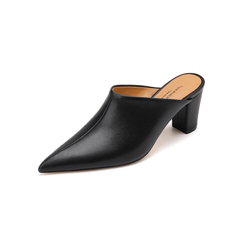 Mode Sommer Damen Sandalen Echtes Leder Schuhe für Damen Spitzschuh Hoher Absatz Damen Pantoletten Zehenbedeckt Klobiger Absatz Damen Mules 35 schwarz