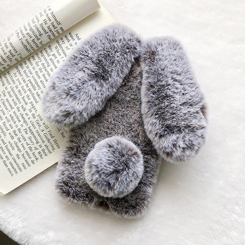 Niedliche Hasenohren Fell Plüsch Handyhülle für iPhone XS Max XR X 11 Pro Max Warme Hülle für iPhone 6 6S 7 8 Plus SE 2020 Hüllen for iPhone 7 8 Plus braun