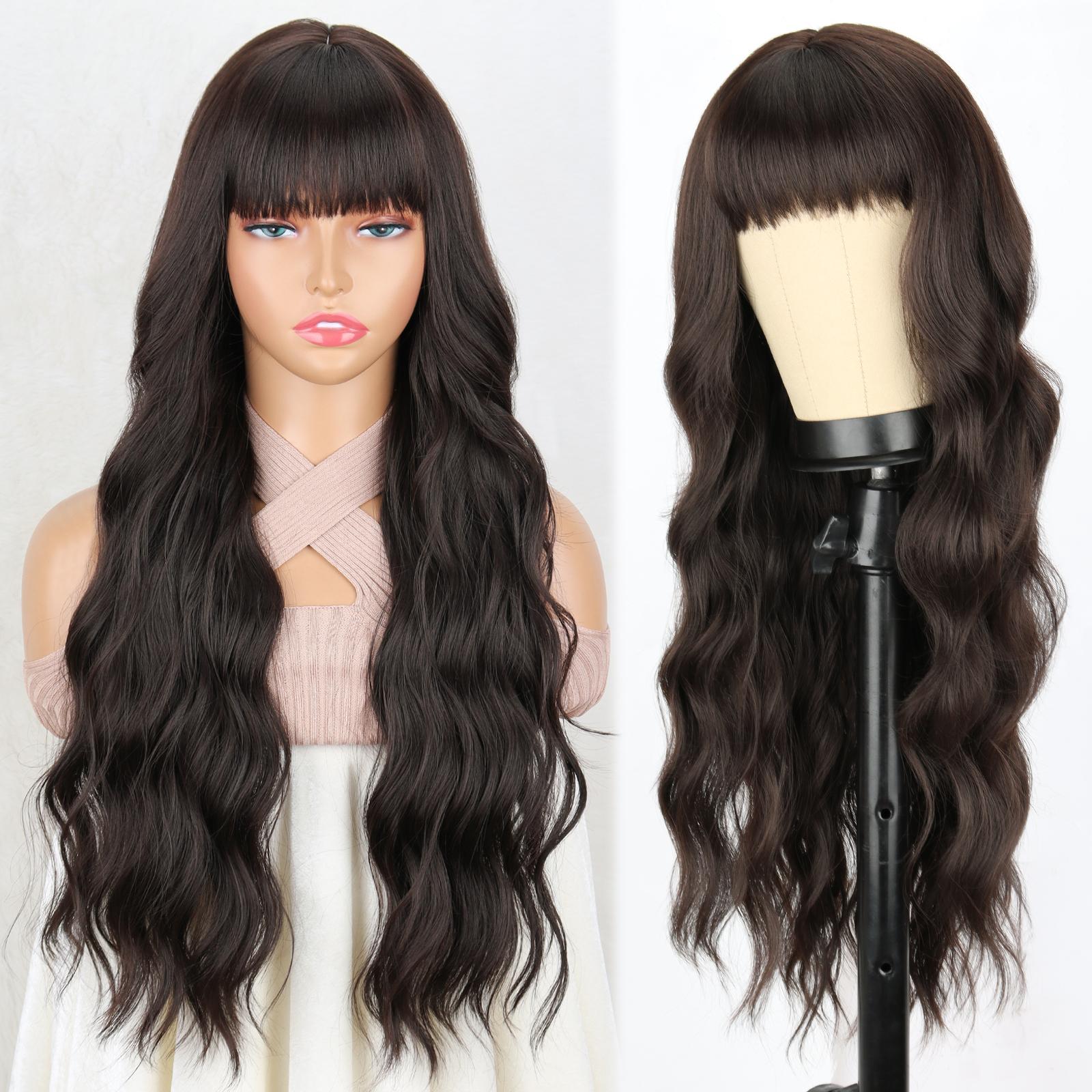 MERISIHAIR Lange gewellte synthetische Perücken, gewellte Perücke mit Pony, schokoladenbraunes Haar für Frauen, Perücke, hitzebeständig, für den täglichen Gebrauch 65cm