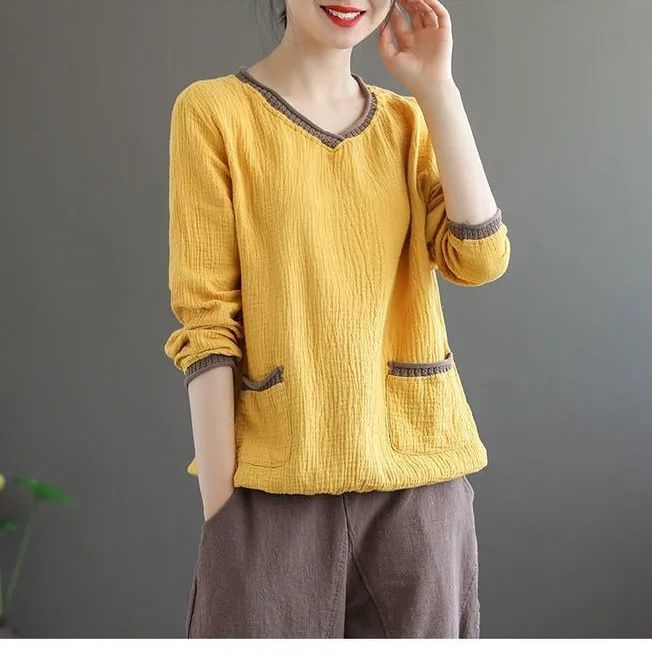 Übergroßes Vintage T-Shirt Damen Baumwolle Leinen T-Shirt Langarm Blumenmuster Lose T-Shirt Frau Herbst T-Shirt Damen Tops Casual L banane gelbe